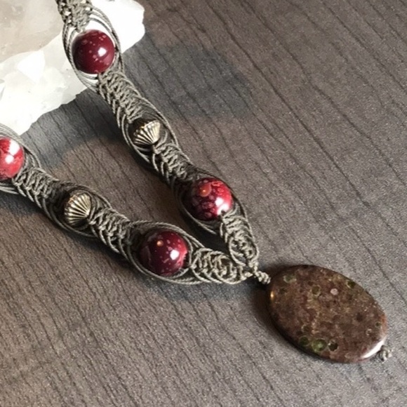 Handcrafted Dragons Blood Gemstone Beaded Macrame Necklace - Picture 12 of 12